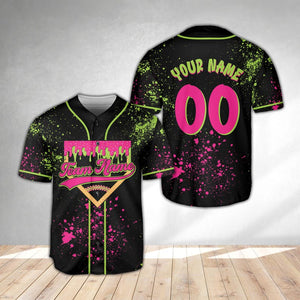 Animals Baseball Jersey, Monkey Team Custom Name And Number Baseball Jersey, Pink And Black Paint Splatter Jersey, Team Party Uniform