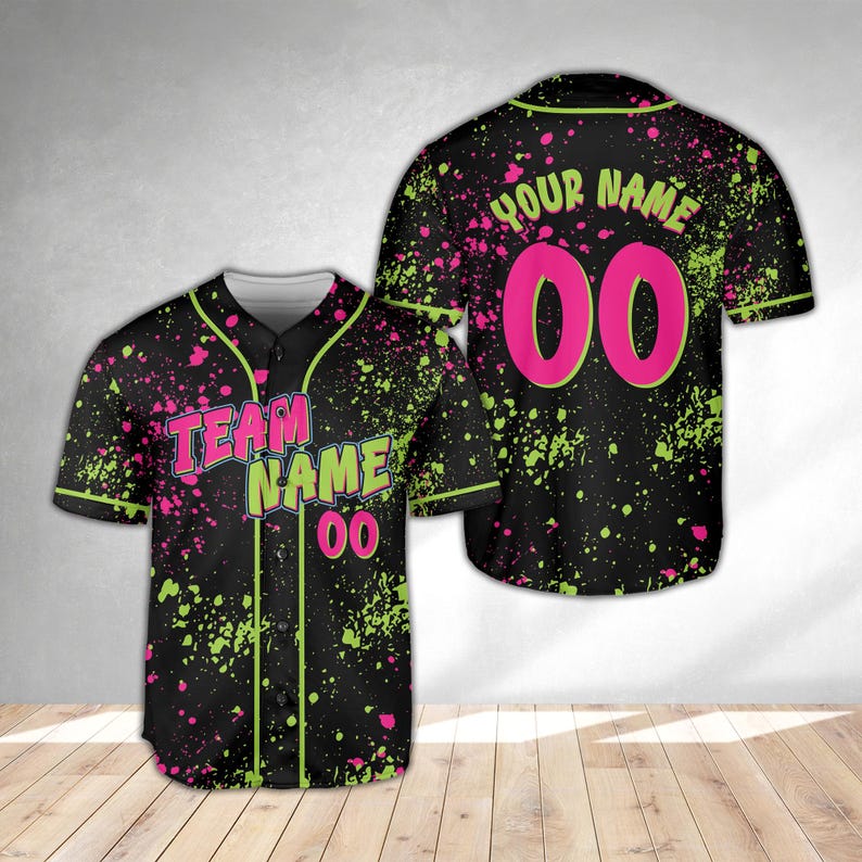 Animals Baseball Jersey, Monkey Team Custom Name And Number Baseball Jersey, Pink And Black Paint Splatter Jersey, Team Party Uniform