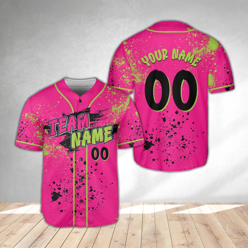 Animals Baseball Jersey, Monkey Team Custom Name And Number Baseball Jersey, Pink And Black Paint Splatter Jersey, Team Party Uniform