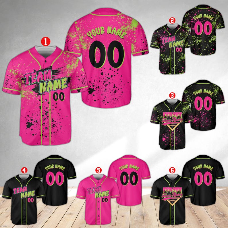 Animals Baseball Jersey, Monkey Team Custom Name And Number Baseball Jersey, Pink And Black Paint Splatter Jersey, Team Party Uniform