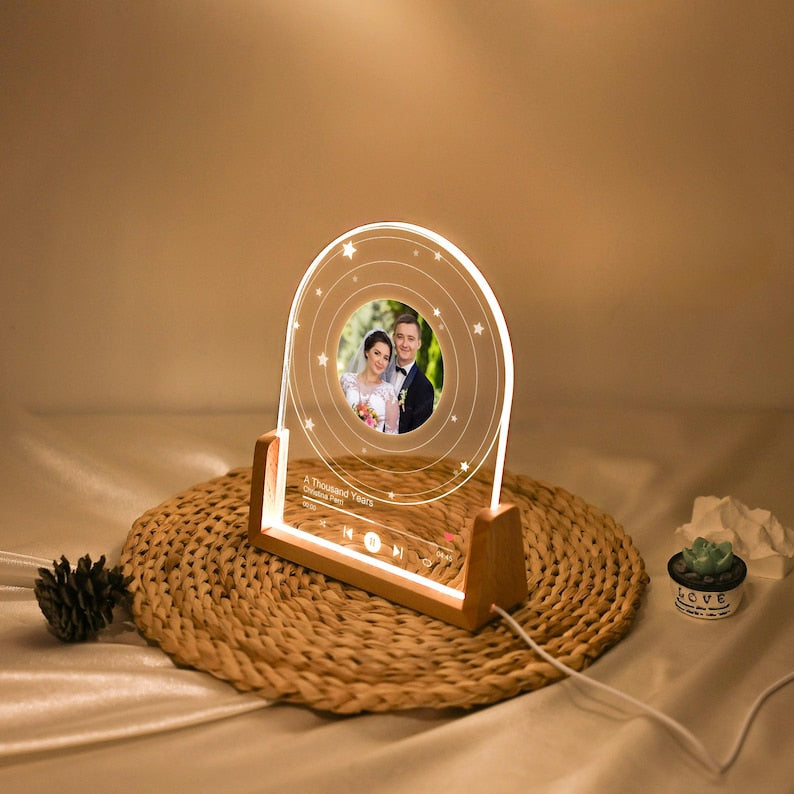 Personalized Vinyl Record with Photo Night Light, Acrylic Song Plaque, Anniversary Gift for Her, Birthday Gift for Her Him, Bedside Lamp