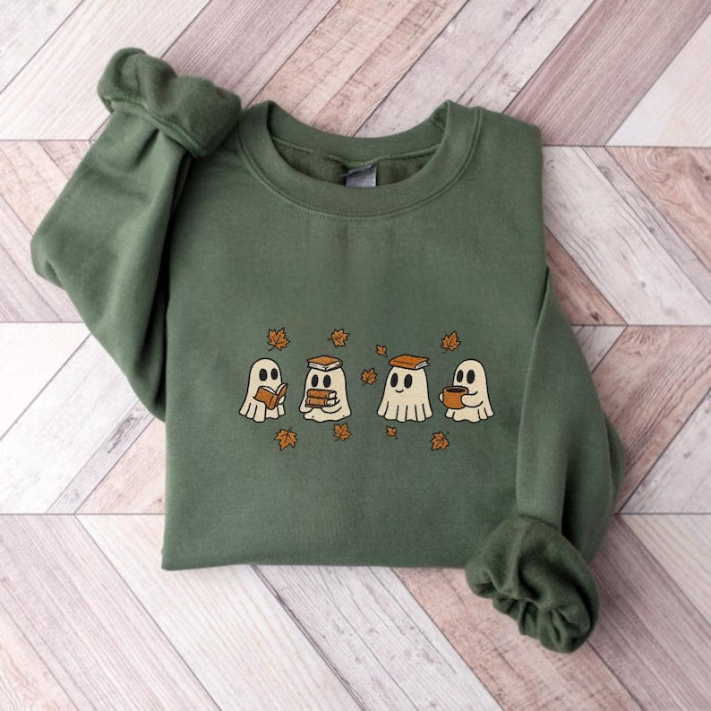 Embroidered Reading Ghost Sweatshirt, Cute Ghosts Reading Books Autumn Embroidered Shirt, Autumn Sweater, Halloween Gift For Bookish il_794xN.7079300678_m5hf.jpg