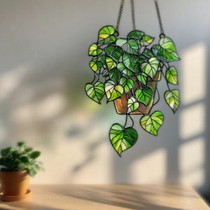 Green Plant Light Catcher, Glass Inspired Acrylic Window Suncatcher, Handmade Plant Themed Decor for Garden, Patio, Gift for Plant Lovers