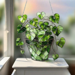 Green Plant Light Catcher, Glass Inspired Acrylic Window Suncatcher, Handmade Plant Themed Decor for Garden, Patio, Gift for Plant Lovers