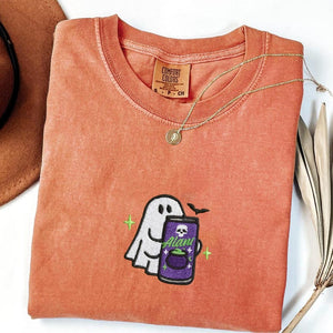 Embroidered Spooky Ghost Halloween Comfort Colors Shirt, Ghost With Energy Drink Fall Tee, Spooky Season Sweatshirt il_794xN.7081343994_n0dg.jpg
