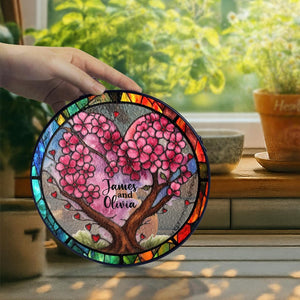 Personalized Couple Tree Heart Stained Glass Suncatcher, Custom Name Window Hanging Gift for Anniversary, Wedding or Valentine's Day