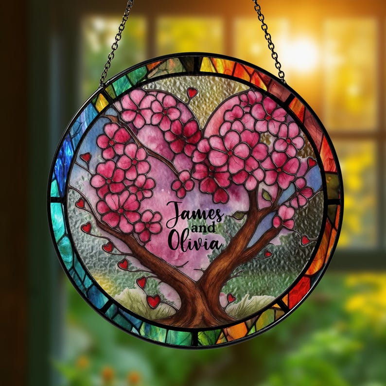 Personalized Couple Tree Heart Stained Glass Suncatcher, Custom Name Window Hanging Gift for Anniversary, Wedding or Valentine's Day