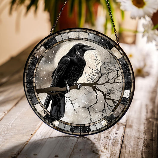 Raven Stained Glass Suncatcher, Gothic Crow Window Hanging, Unique Indoor Home Decor, Halloween Gift, Housewarming Gift Idea for Dark Theme