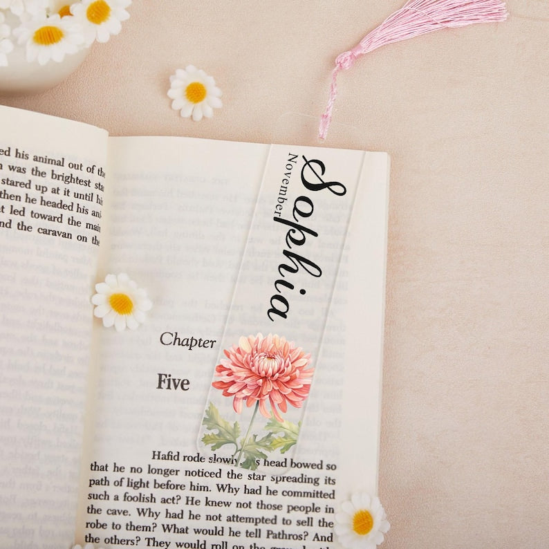 Customized name and birthday floral bookmark, Exquisite floral acrylic bookmark with tassel, Gift for friends, Reader Gift