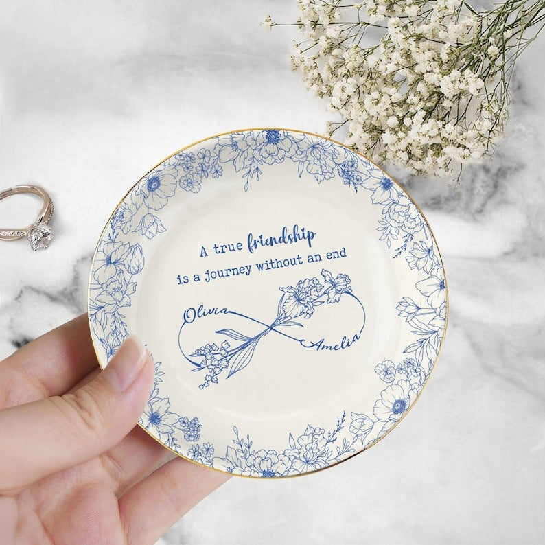 Custom A True Friendship Is A Journey Personalized Jewelry Dish, Gifts for Besties, BFF, Soul Sister, Flower with Name, Best Friend Gifts