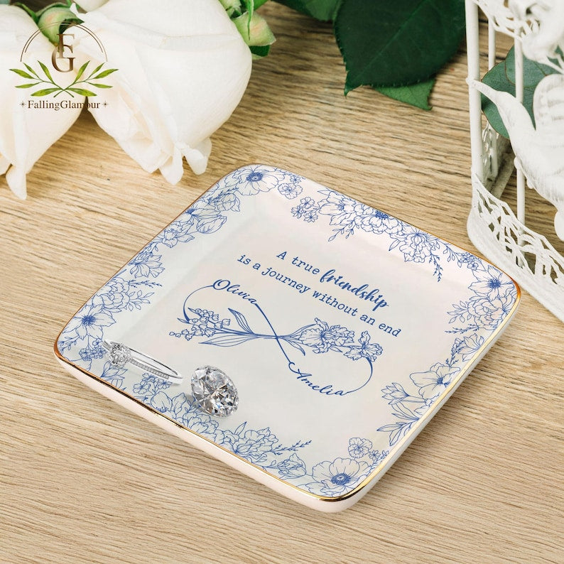 Custom A True Friendship Is A Journey Personalized Jewelry Dish, Gifts for Besties, BFF, Soul Sister, Flower with Name, Best Friend Gifts