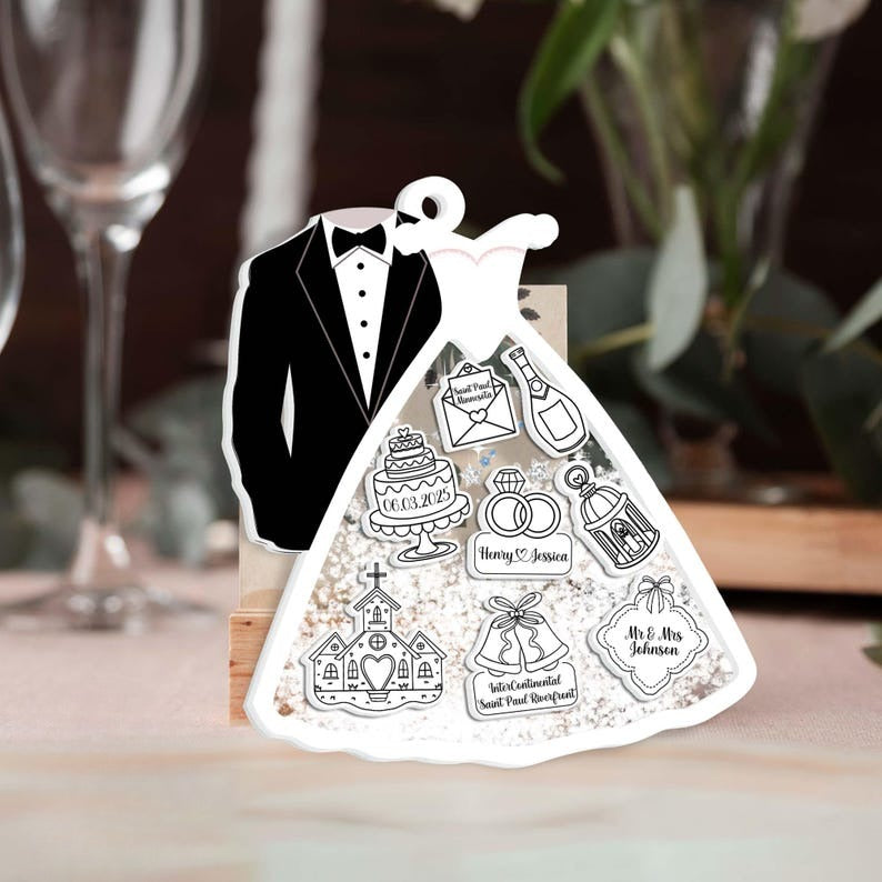 Personalized Wedding Shaker Decor, Unique Proposal, Bride, Groom, Wedding Date, and Marriage Charms, Wedding Ornament, Christmas Ornament