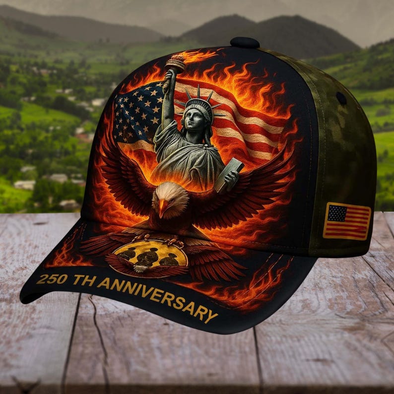 250th Anniversary Liberty Eagle Cap, Patriotic USA Hat, American Flag Veteran Gift, Statue Of Liberty Fire Cap, Military Pride Hat