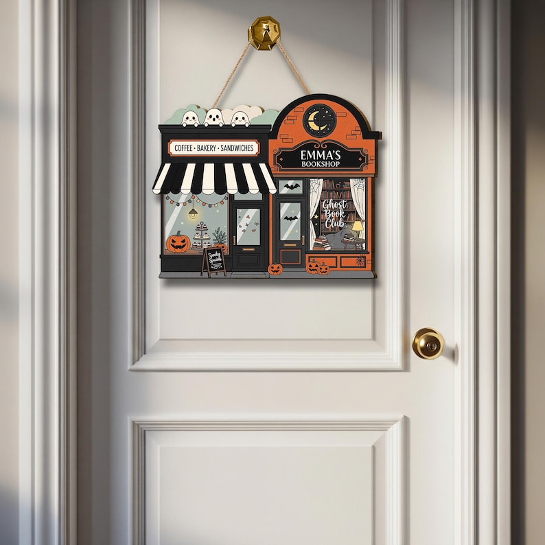 Custom Name Halloween Bookshop Coffee Shop Door Sign, Spooky Fall Decor, Ghost Book Club Wall Hanging, Pumpkin Bakery Caf Autumn Decoration