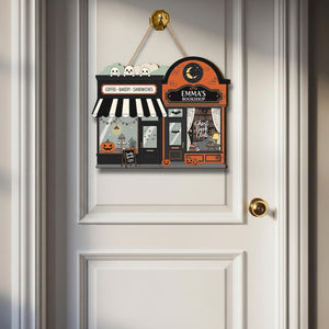 Custom Name Halloween Bookshop Coffee Shop Door Sign, Spooky Fall Decor, Ghost Book Club Wall Hanging, Pumpkin Bakery Caf Autumn Decoration