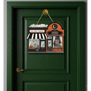 Custom Name Halloween Bookshop Coffee Shop Door Sign, Spooky Fall Decor, Ghost Book Club Wall Hanging, Pumpkin Bakery Caf Autumn Decoration