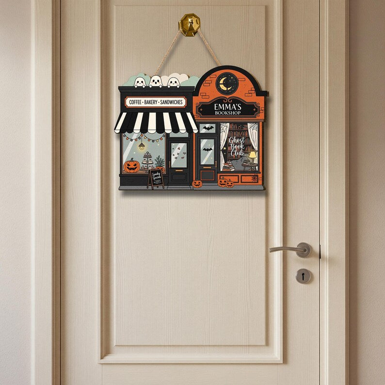 Custom Name Halloween Bookshop Coffee Shop Door Sign, Spooky Fall Decor, Ghost Book Club Wall Hanging, Pumpkin Bakery Caf Autumn Decoration