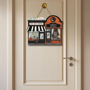 Custom Name Halloween Bookshop Coffee Shop Door Sign, Spooky Fall Decor, Ghost Book Club Wall Hanging, Pumpkin Bakery Caf Autumn Decoration