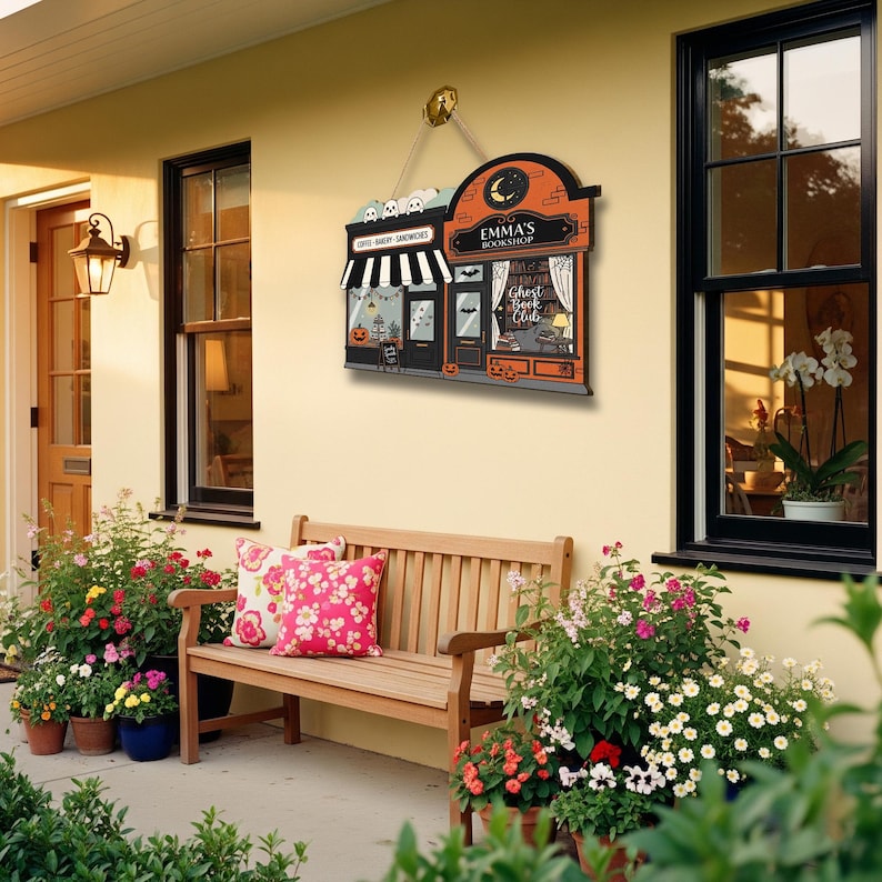 Custom Name Halloween Bookshop Coffee Shop Door Sign, Spooky Fall Decor, Ghost Book Club Wall Hanging, Pumpkin Bakery Caf Autumn Decoration