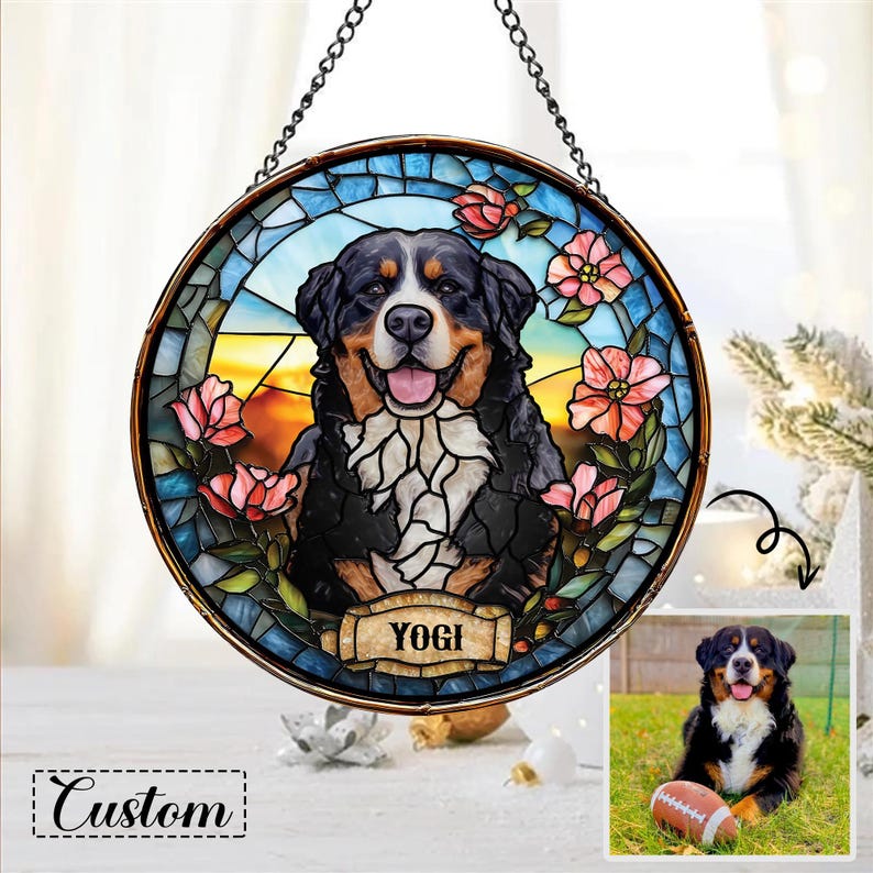 Custom Pet Portrait Stained Glass Suncatcher, Stained Glass Dog Memorial, Custom Dog Portrait from Photo, Pet Memorial Gift, Window hangings