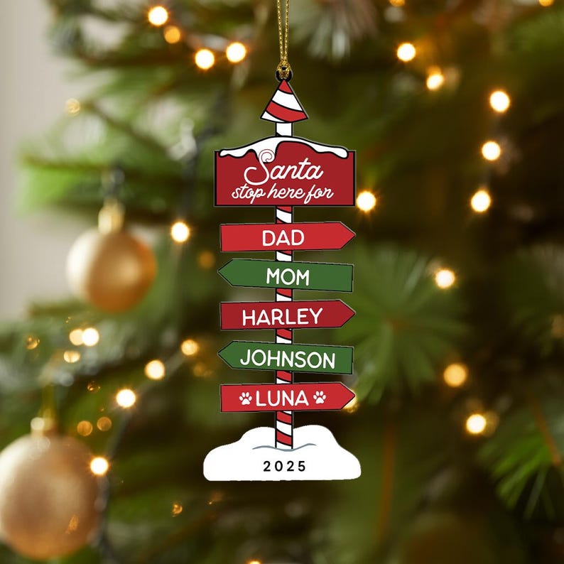 Personalized Santa Stop Here Ornament for Kids, Custom Family Christmas Ornament 2025, Engraved North Pole Sign, Holiday Tree Decoration