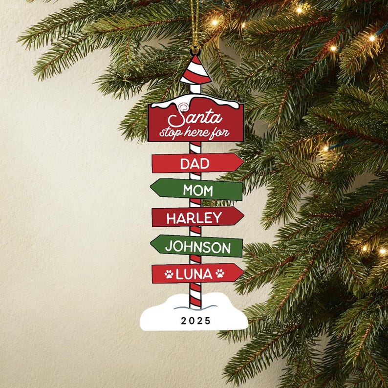 Personalized Santa Stop Here Ornament for Kids, Custom Family Christmas Ornament 2025, Engraved North Pole Sign, Holiday Tree Decoration