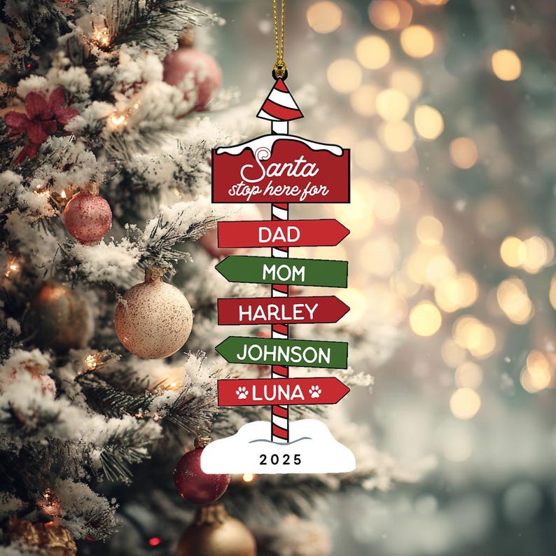 Personalized Santa Stop Here Ornament for Kids, Custom Family Christmas Ornament 2025, Engraved North Pole Sign, Holiday Tree Decoration