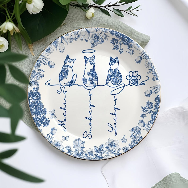 Toile De Jouy Cute Cat With Name Ring Dish, Gift For Cat Owner, Personalised Gift For Pet Lover,Cat Mom Trinket Tray Cat Memorial Gift