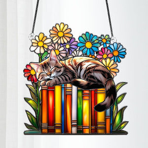 Cat Book flower Acrylic Suncatcher Window Hanging, Book Window Decor, Book Lover Gifts, Book Ornament, teacher gift, Librarian Gifts