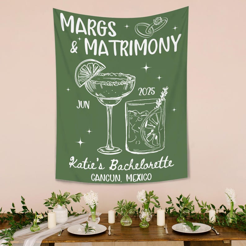 Custom Margs and Matrimony Tapestry, Beach Bachelorette Photo Backdrop, Margaritas Matrimony Bachelorette Party Decor, Bachelorette Banner