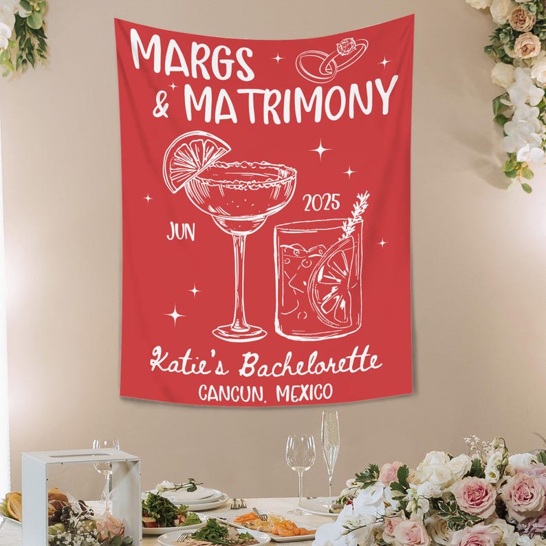 Custom Margs and Matrimony Tapestry, Beach Bachelorette Photo Backdrop, Margaritas Matrimony Bachelorette Party Decor, Bachelorette Banner