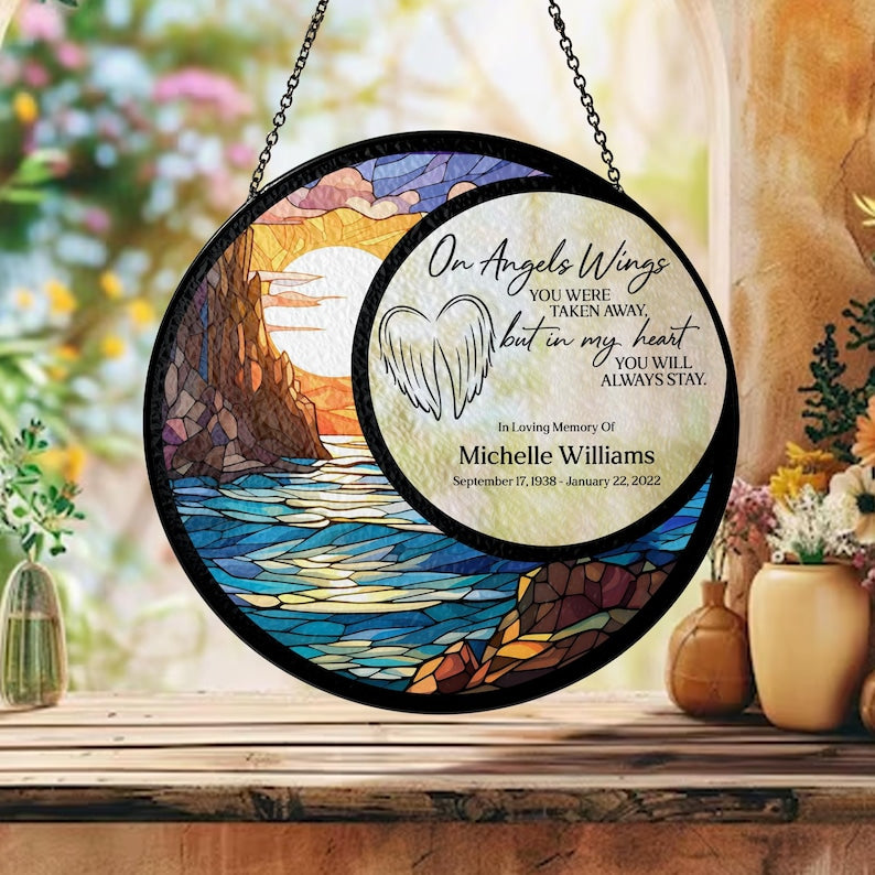 On Angels Wings Personalized Mom Stained Glass, Memorial Suncatcher, Sympathy Gift, Loss Of Mom Gift, Sympathy Gift Family