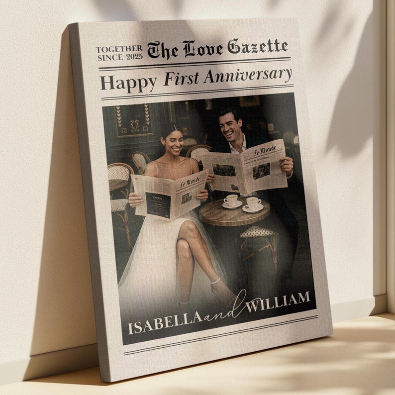 Custom Newlywed Anniversary Photo Canvas, Personalized Framed Newspaper-Style Couple Gift, Unique Year Celebration Keepsake
