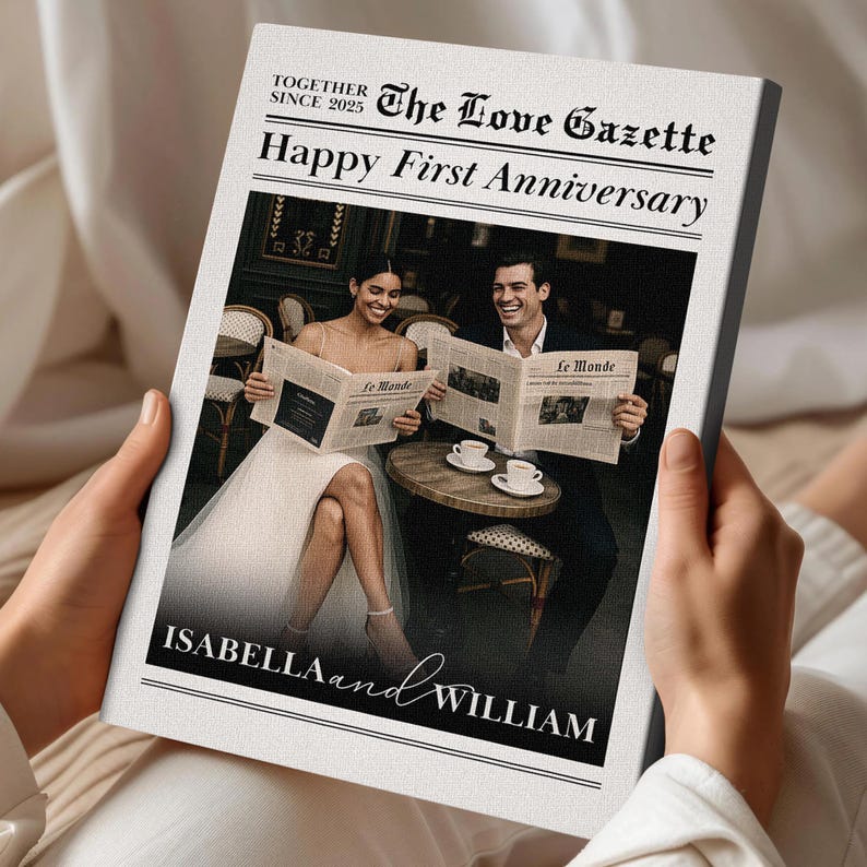 Custom Newlywed Anniversary Photo Canvas, Personalized Framed Newspaper-Style Couple Gift, Unique Year Celebration Keepsake