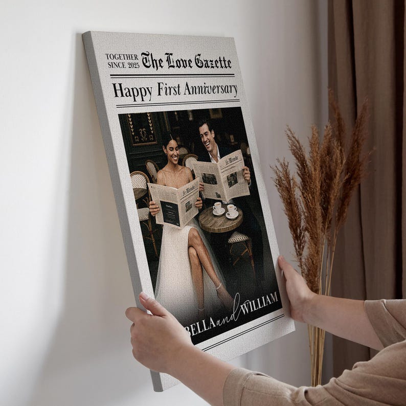 Custom Newlywed Anniversary Photo Canvas, Personalized Framed Newspaper-Style Couple Gift, Unique Year Celebration Keepsake