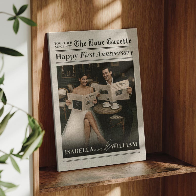 Custom Newlywed Anniversary Photo Canvas, Personalized Framed Newspaper-Style Couple Gift, Unique Year Celebration Keepsake