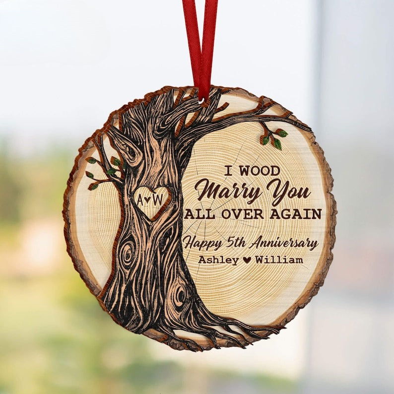 Custom Wood Anniversary Wedding Ornament, 5th Anniversary Christmas Ornament, 5th Year Anniversary Gifts, 5th Year Wood Anniversary Ornament