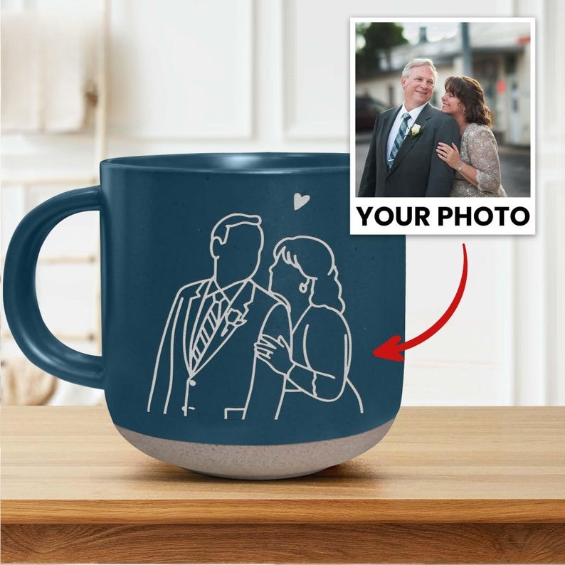 Custom Line Drawing from Photo, Engraved Pottery Mug, Couple Coffee Mug,Anniversary Gift, Birthday Gift for Boyfriend,Him, Couple Line Art
