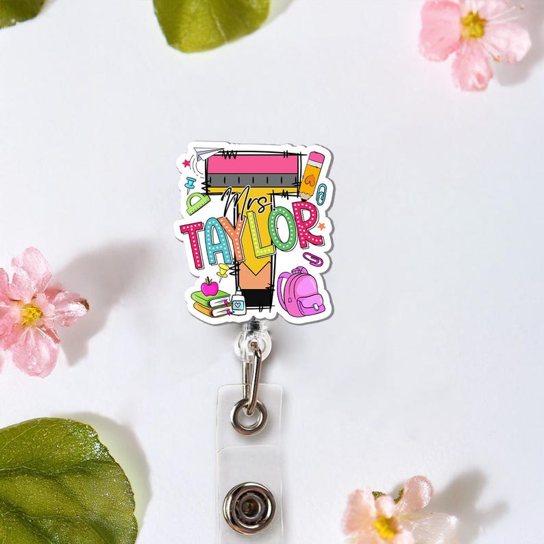 Personalized Teacher Back To School Badge Holder, Floral Teacher ID Badge Holder, Custom Teacher Badge Holder, Retractable Badge Reel