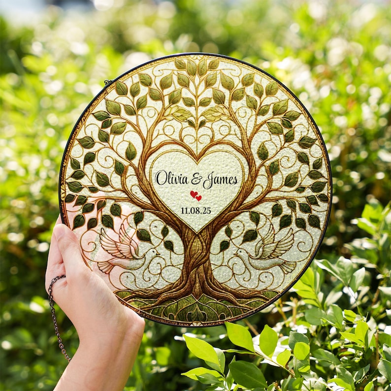 Wedding Tree Suncatcher Stained Glass Style, Personalized Wedding Gift for Bride & Groom