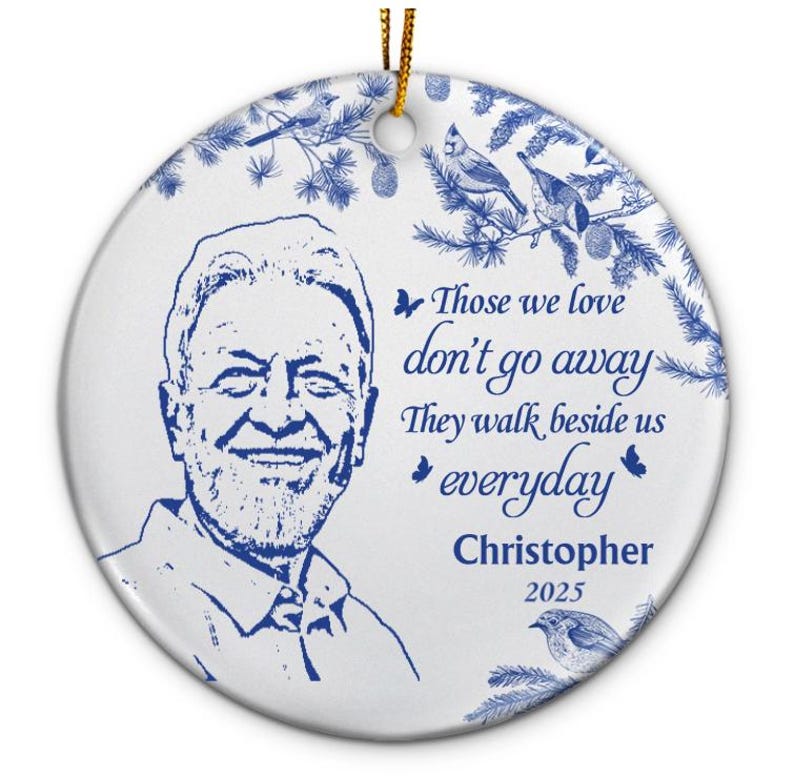 Custom Photo Pencil Drawing Toile De Jouy Memorial Although You Cannot See Me - Personalized Circle Ceramic Ornament, Christmas Decoration