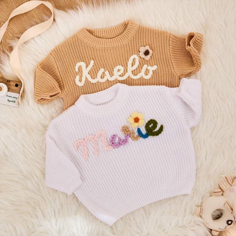 Personalized Baby Name Sweater - Custom Hand Embroidered Knit Jumper, Baby Girl Boy Clothes, First Birthday Gift, Baby Shower Present