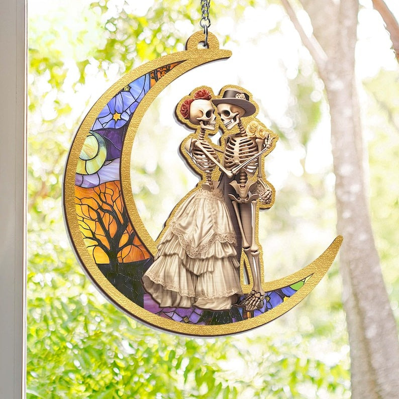 Halloween Skeleton Couple Suncatcher, Till Death Do Us Part Gift, Gothic Anniversary, Skeleton Decor, Gift For Couple, Romance Reader Gift