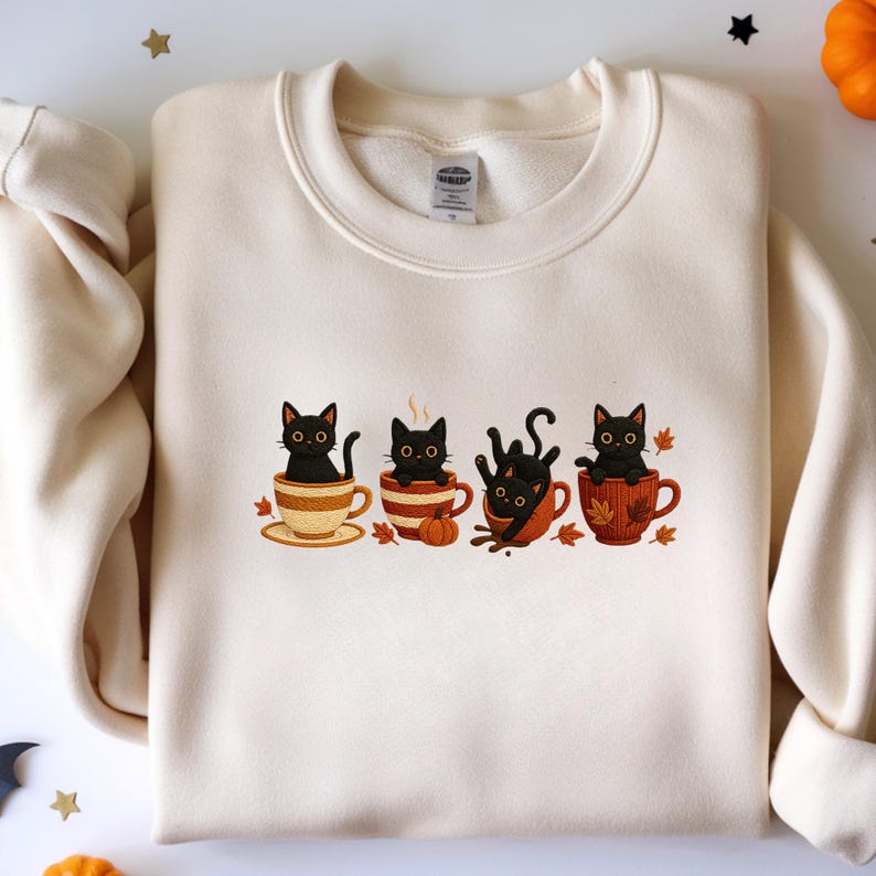 Embroidered Halloween Black Cat Sweatshirt, Pumpkin Fall Sweater, Halloween Shirt, Cute Autumn Spooky Season, Cat Lover Gift, Coffee Lovers il_794xN.7088499939_9i9i.jpg