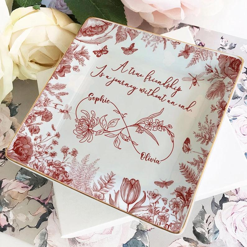 Custom Friendship Jewelry Dish, Personalized Names & Birth Flowers Tray, Best Friend Gift, Toile Floral Trinket Dish Keepsake, Besties Gift