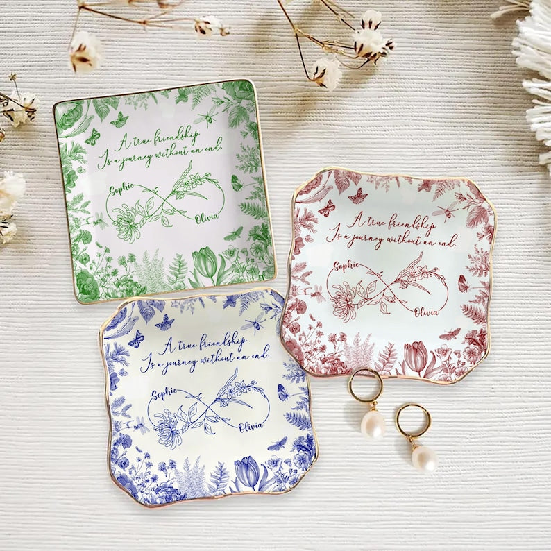 Custom Friendship Jewelry Dish, Personalized Names & Birth Flowers Tray, Best Friend Gift, Toile Floral Trinket Dish Keepsake, Besties Gift