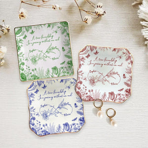 Custom Friendship Jewelry Dish, Personalized Names & Birth Flowers Tray, Best Friend Gift, Toile Floral Trinket Dish Keepsake, Besties Gift