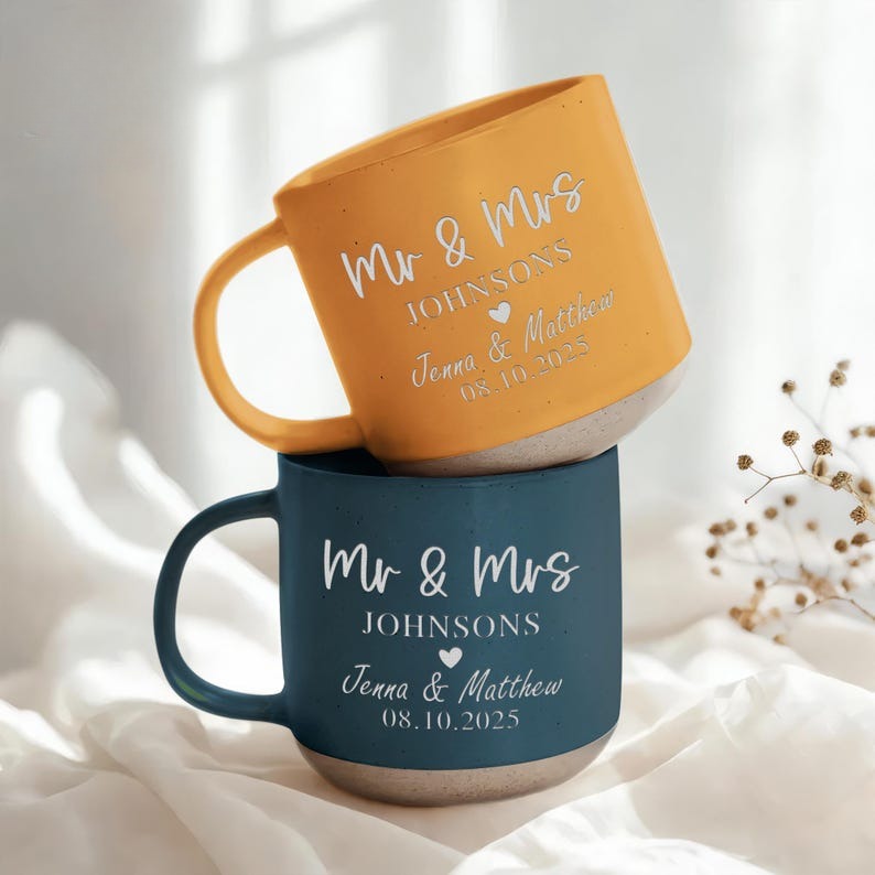 Personalized Mr & Mrs Engraved Engagement Pottery Mug, Husband and Wife Mug, Mr and Mrs Mug, Wedding Mugs, Engagement Gift, Gifts for Couple