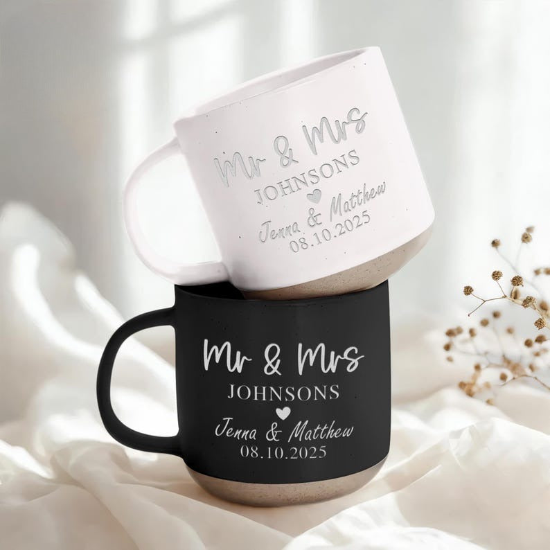 Personalized Mr & Mrs Engraved Engagement Pottery Mug, Husband and Wife Mug, Mr and Mrs Mug, Wedding Mugs, Engagement Gift, Gifts for Couple