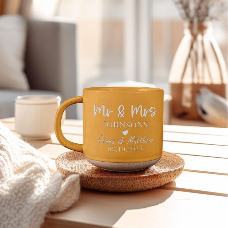 Personalized Mr & Mrs Engraved Engagement Pottery Mug, Husband and Wife Mug, Mr and Mrs Mug, Wedding Mugs, Engagement Gift, Gifts for Couple